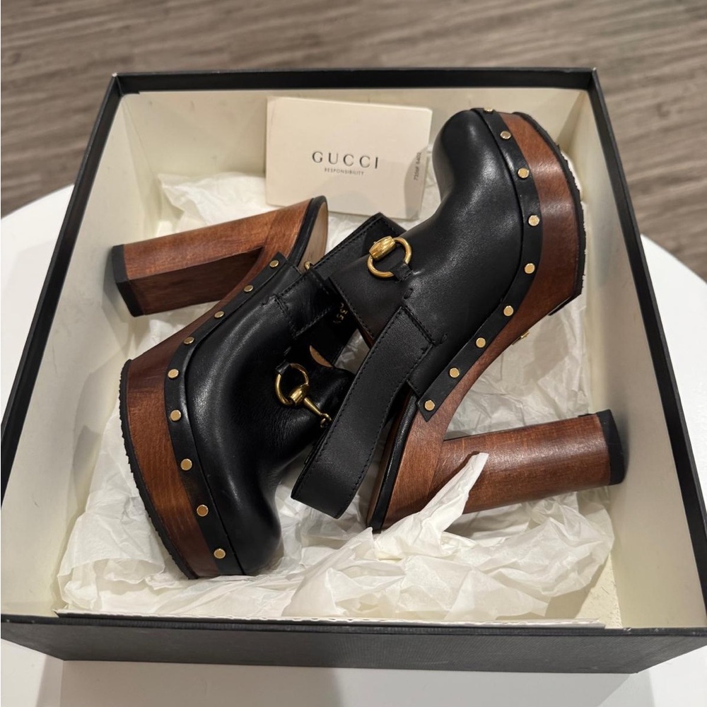 Gucci Black Leather Mules with Brown Wooden Heel